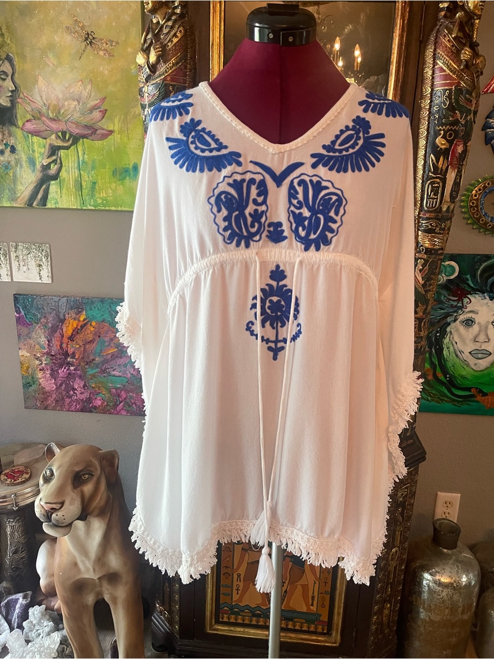 Raviya White Tunic with Blue Embroidered Details